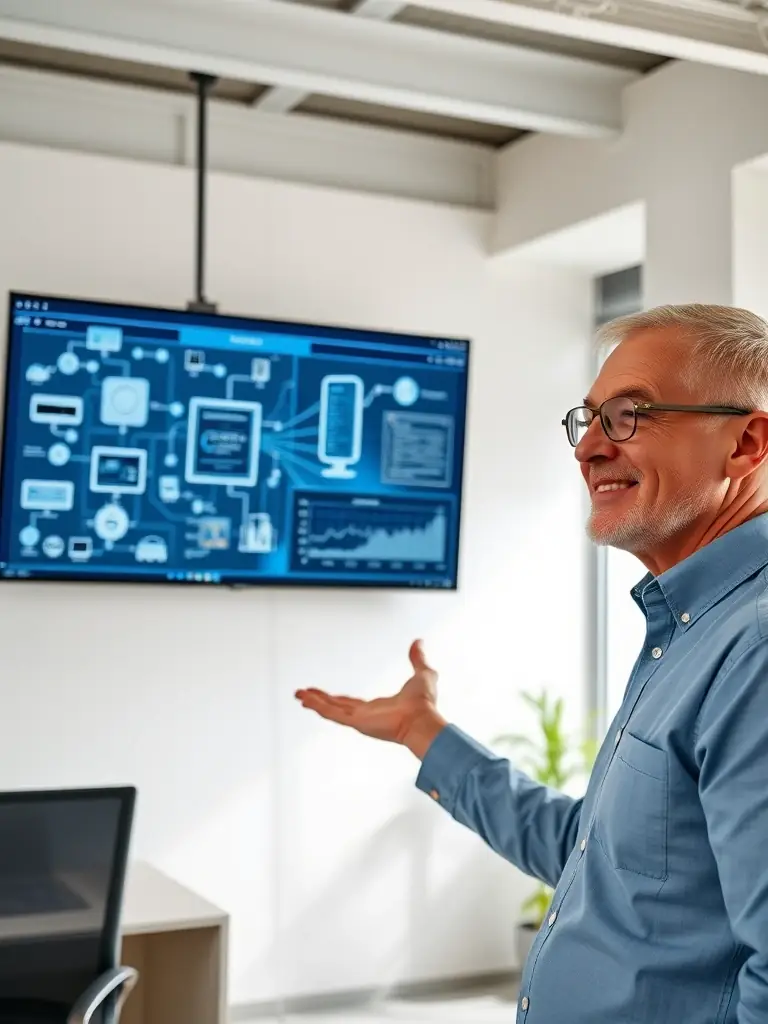 An IoT engineer demonstrating a connected device network, highlighting the data collection and analysis capabilities for improved efficiency.