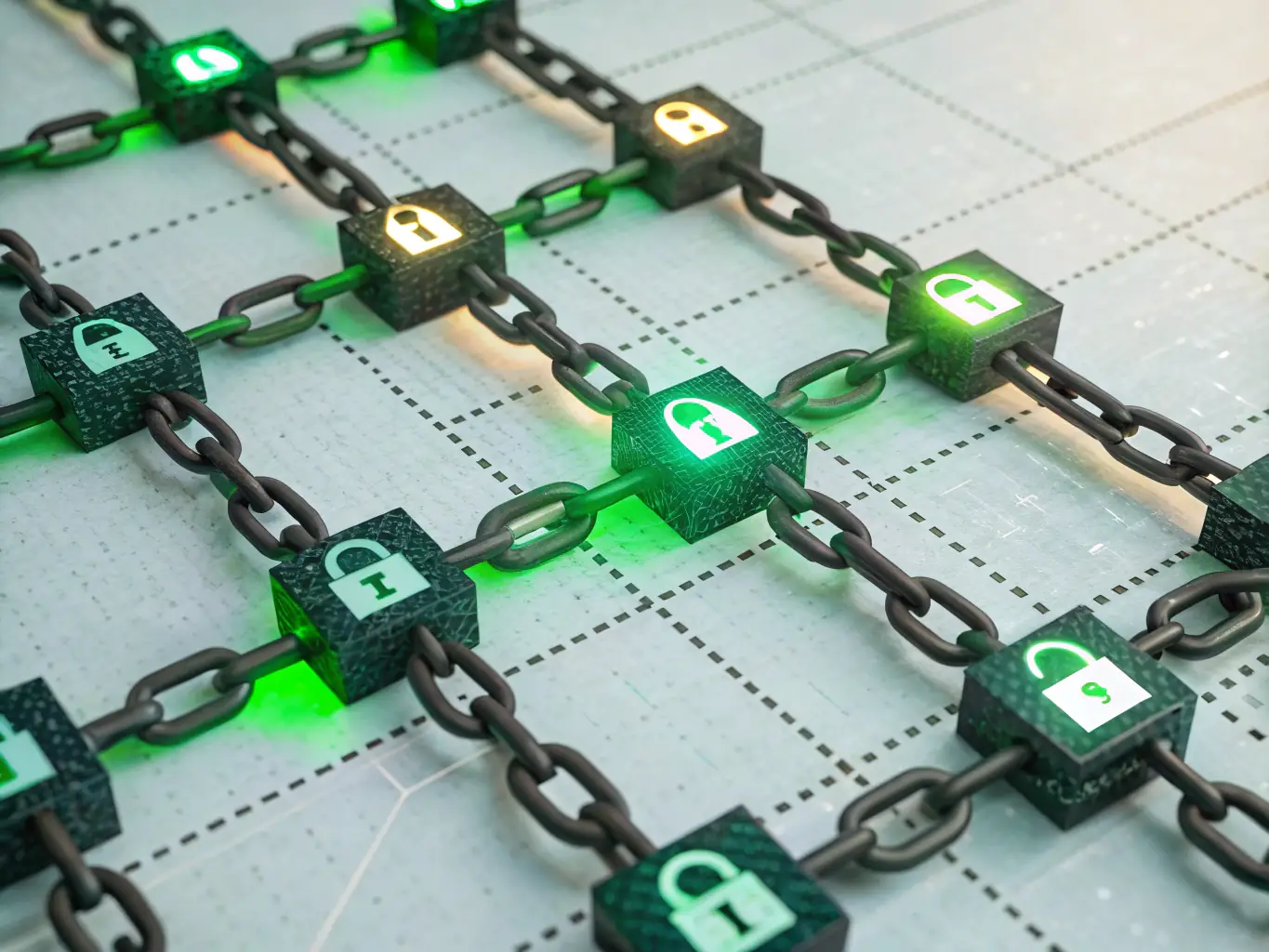 An image illustrating blockchain technology, such as a secure digital ledger with encrypted blocks, or a network of interconnected nodes, representing security and transparency.