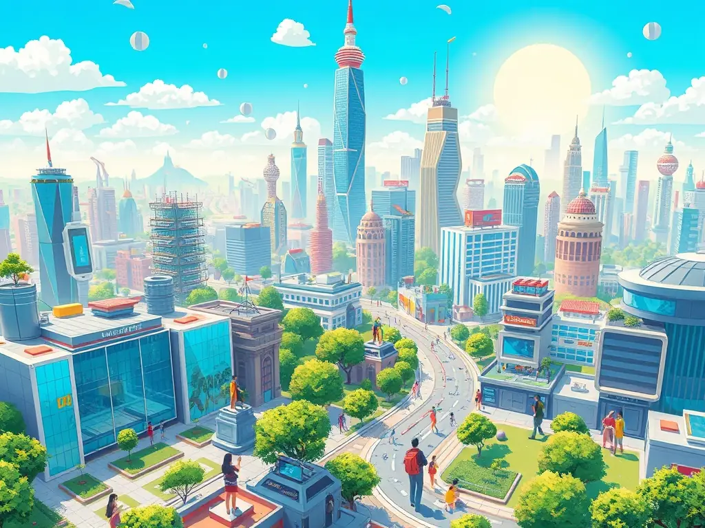 An image showcasing a smart city infrastructure with interconnected devices and data streams, representing the application of IoT in urban development.