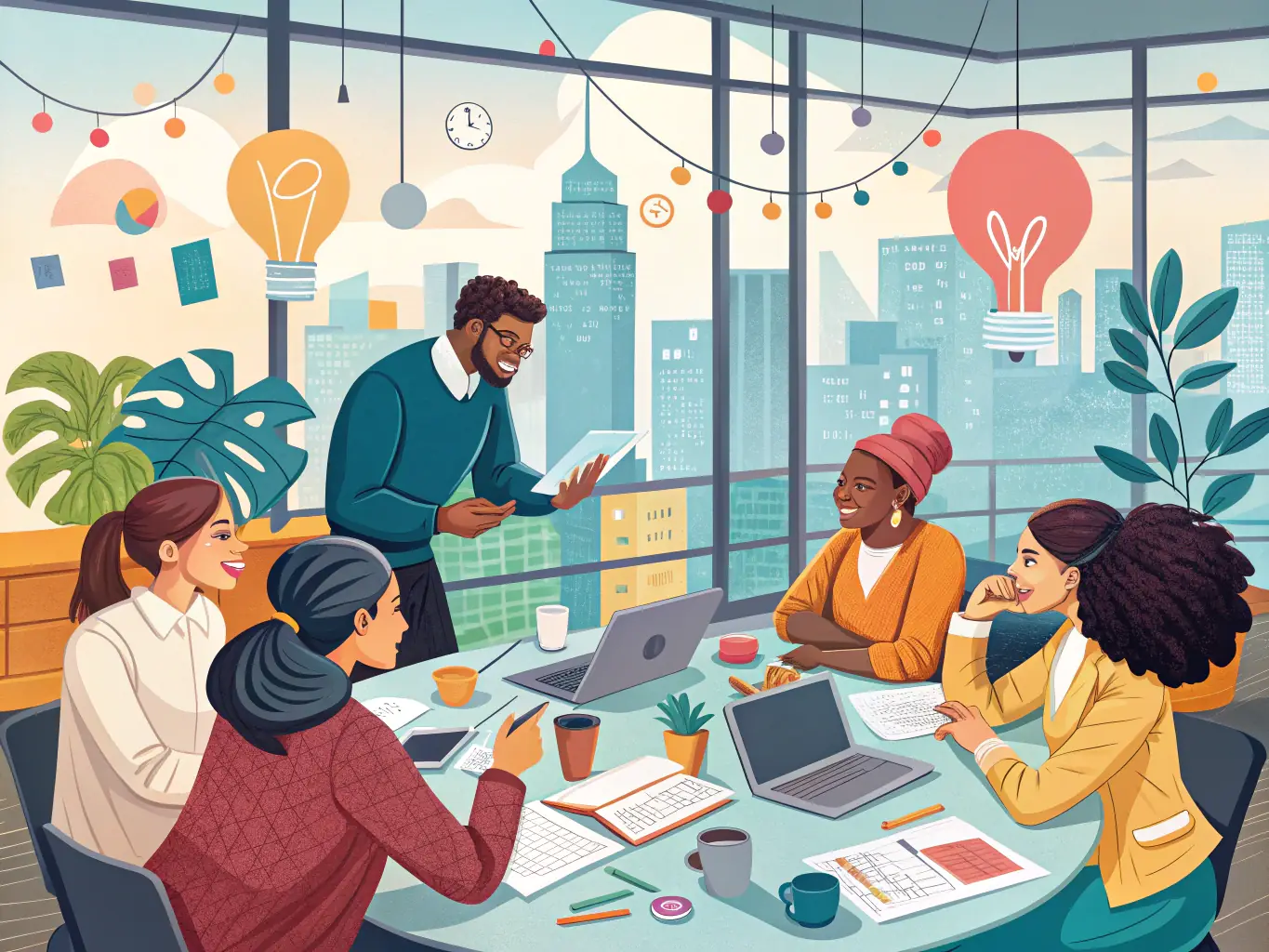 A dynamic image showcasing a team of consultants collaborating on a digital transformation strategy, with digital interfaces and data visualizations in the background, symbolizing innovation and strategic planning.