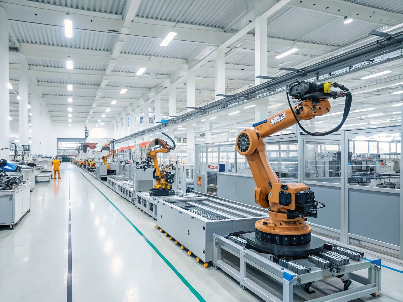A professional image depicting a modern manufacturing plant with automated systems, highlighting the integration of IoT and AI in manufacturing processes.